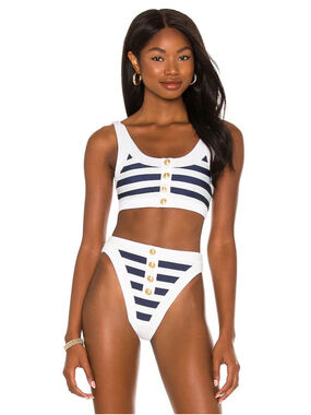 Women's BEACH RIOT Isle M Striped Bikini Top in nautical White and Navy revolve￼